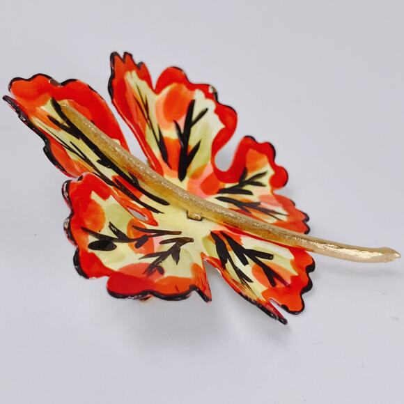 VTG Mid Century Brooch Enamel Leaf Fall Autumn Colors Colorful Metal 50s Jewelry - Picture 4 of 11